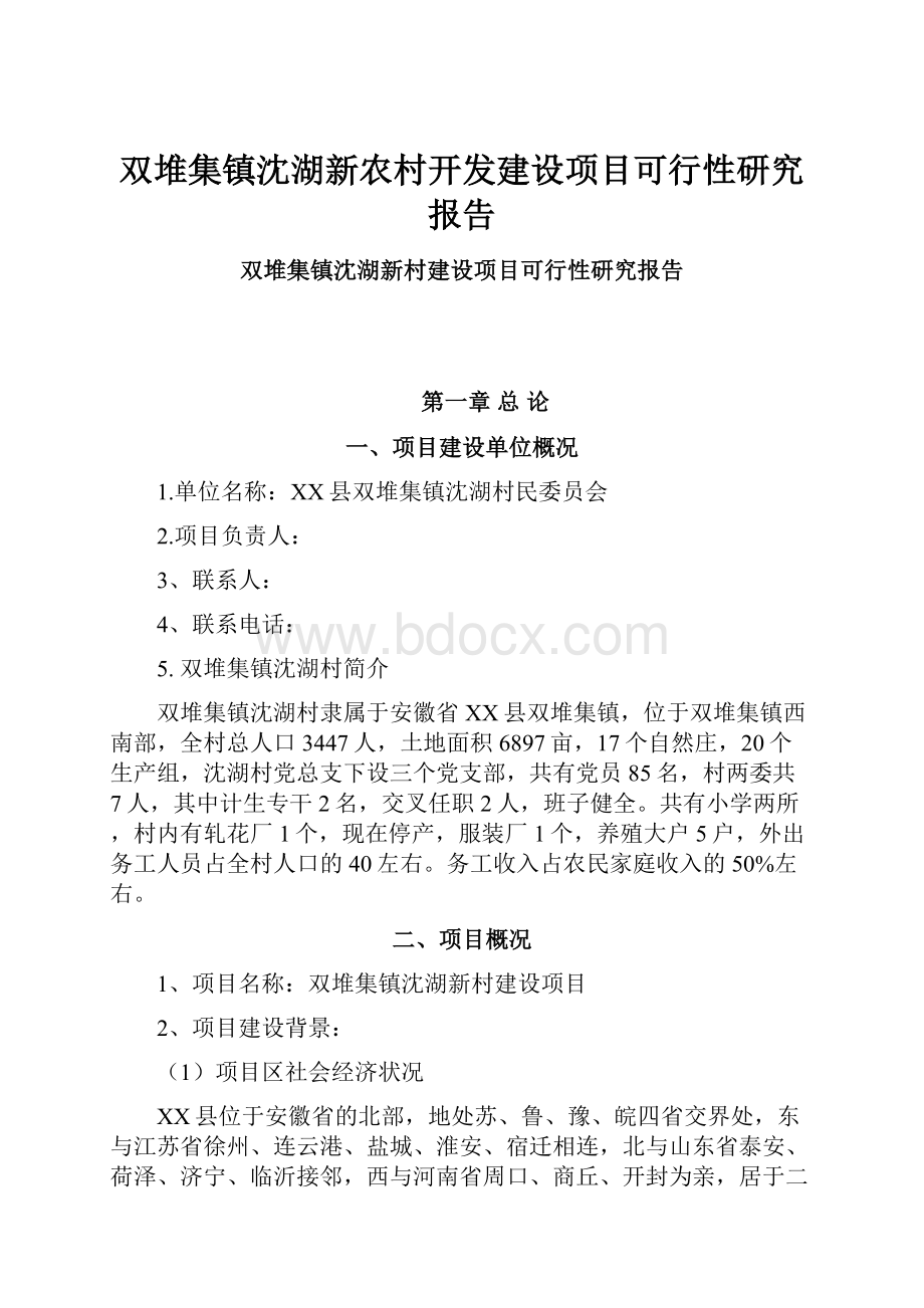 双堆集镇沈湖新农村开发建设项目可行性研究报告.docx_第1页