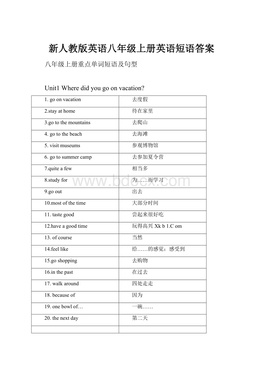 新人教版英语八年级上册英语短语答案.docx