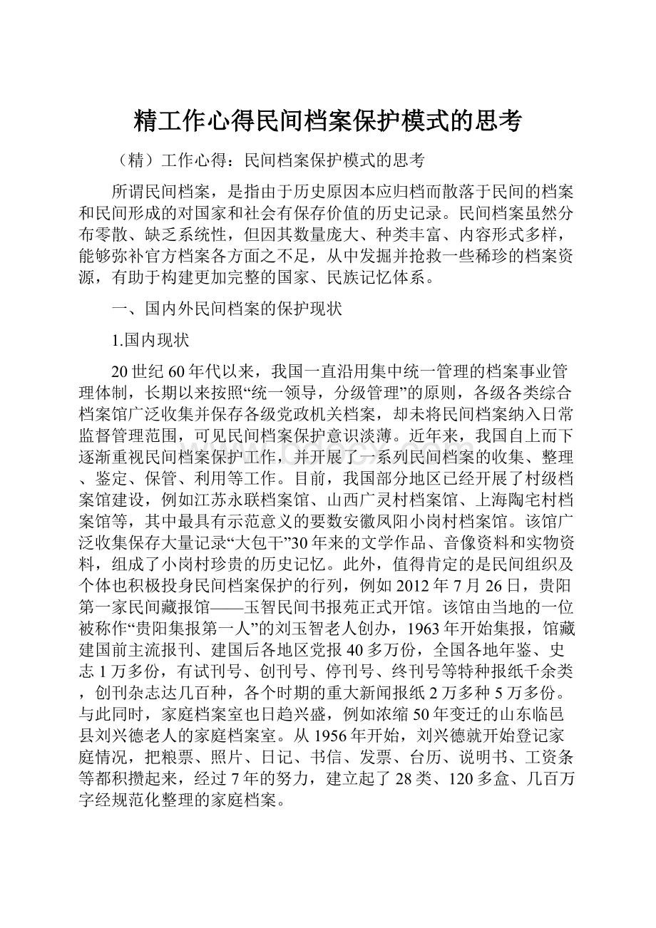 精工作心得民间档案保护模式的思考.docx_第1页