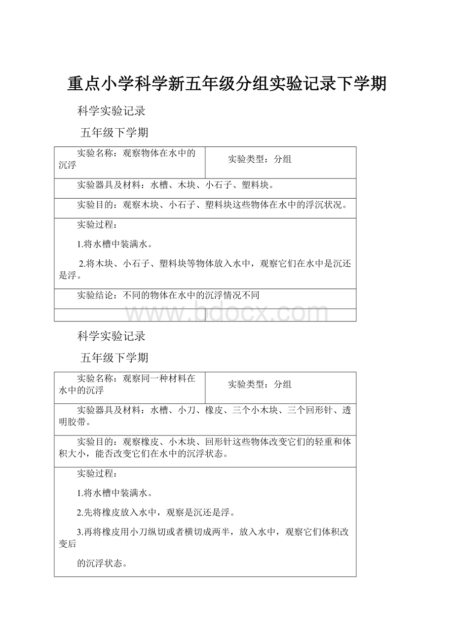 重点小学科学新五年级分组实验记录下学期.docx