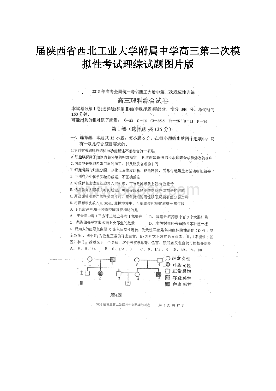 届陕西省西北工业大学附属中学高三第二次模拟性考试理综试题图片版.docx_第1页