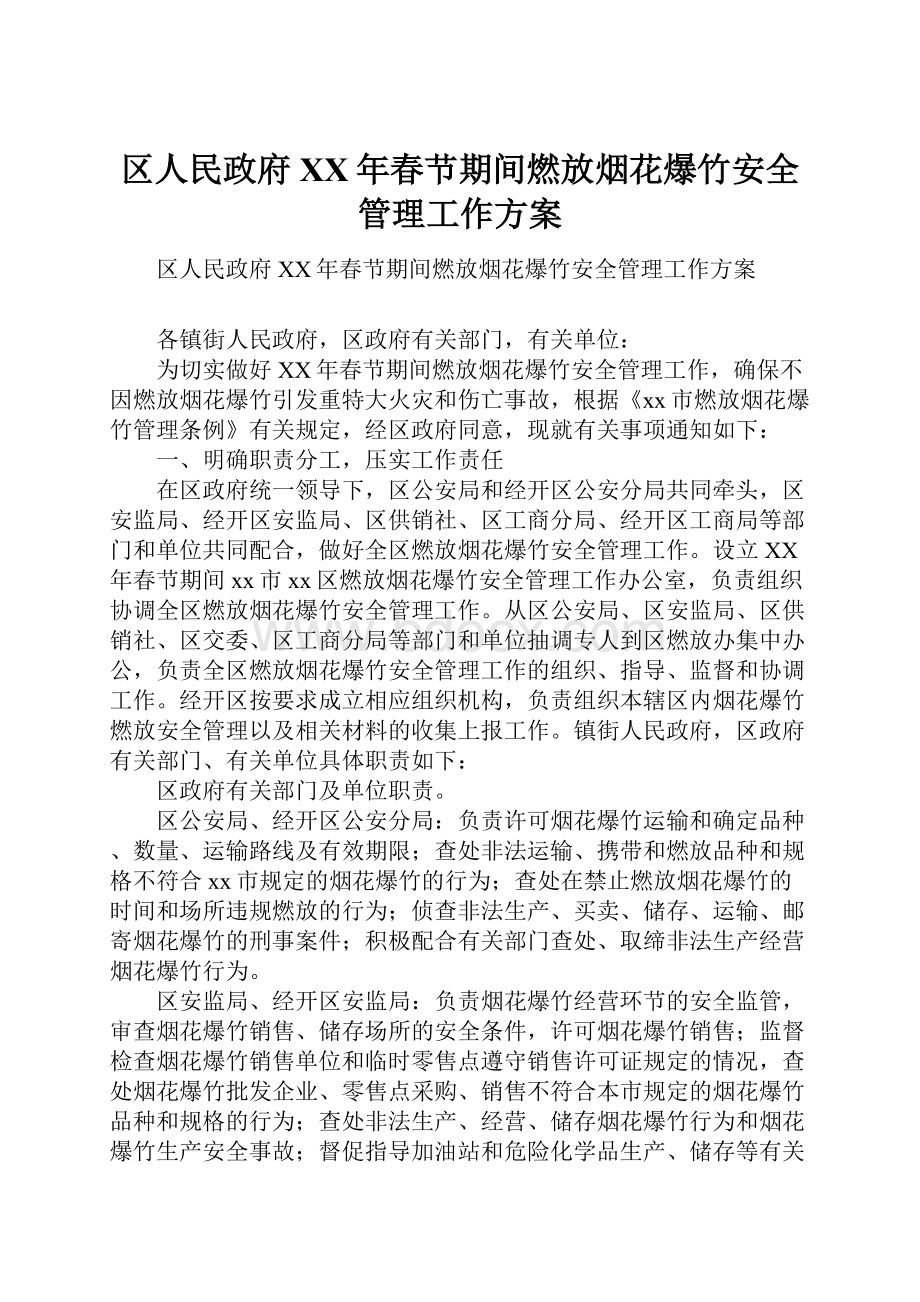 区人民政府XX年春节期间燃放烟花爆竹安全管理工作方案.docx