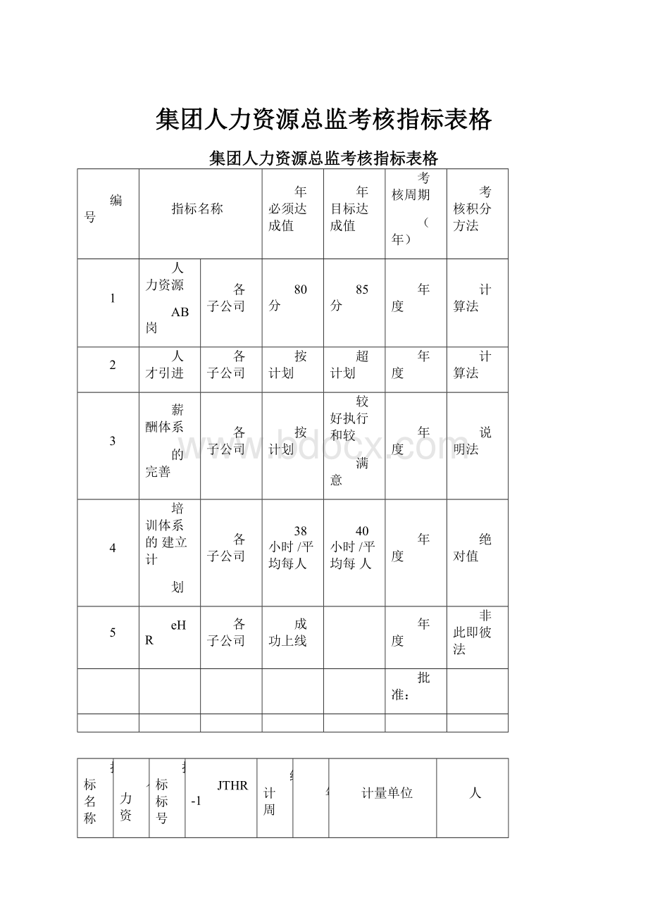 集团人力资源总监考核指标表格.docx_第1页