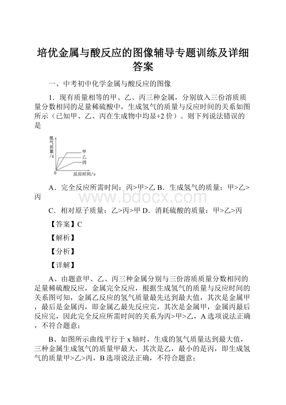 培优金属与酸反应的图像辅导专题训练及详细答案.docx