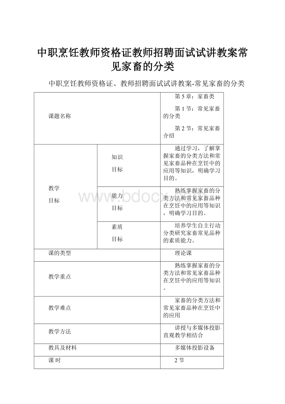 中职烹饪教师资格证教师招聘面试试讲教案常见家畜的分类.docx