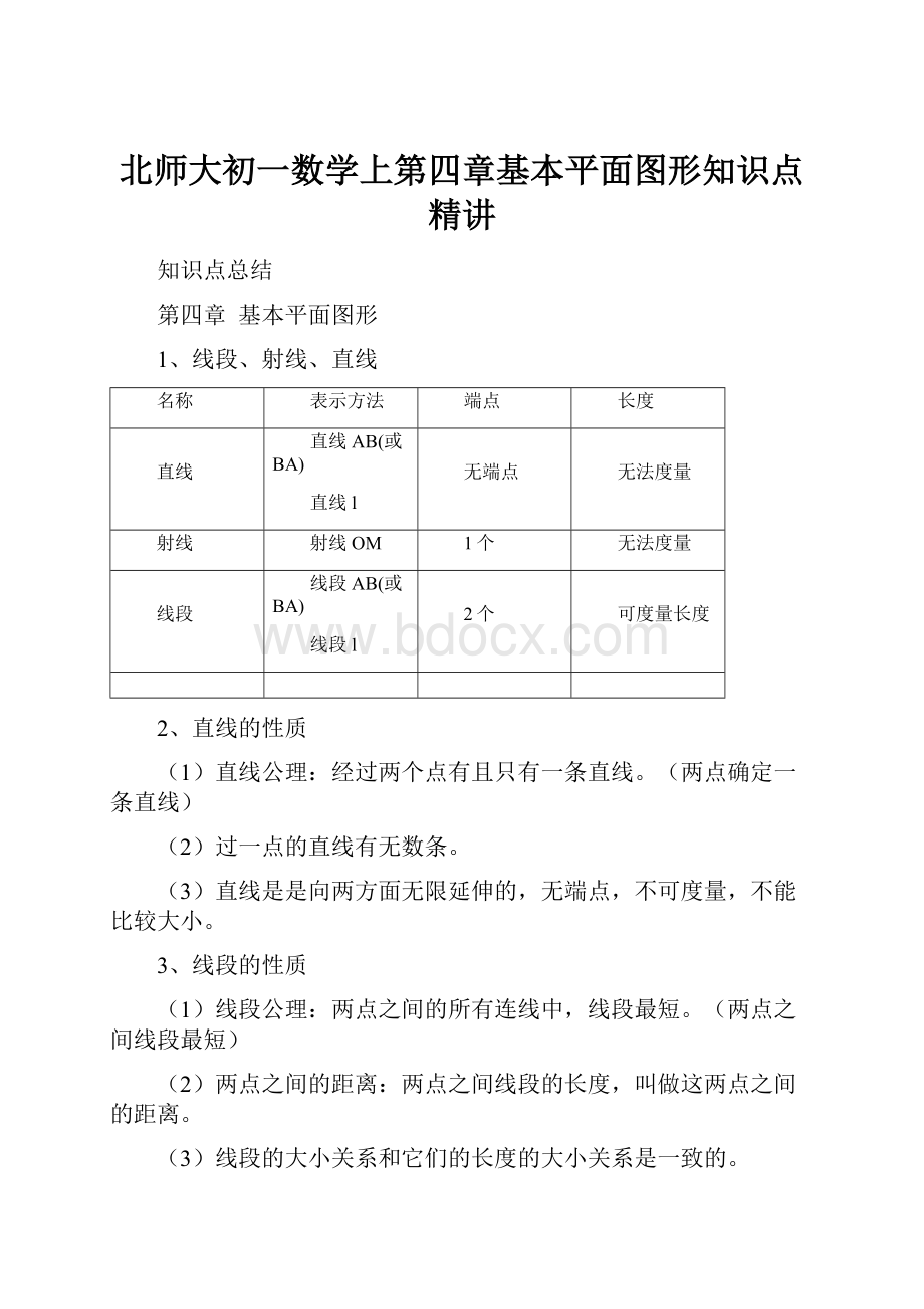 北师大初一数学上第四章基本平面图形知识点精讲.docx