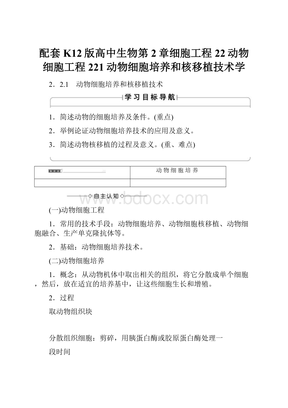 配套K12版高中生物第2章细胞工程22动物细胞工程221动物细胞培养和核移植技术学.docx