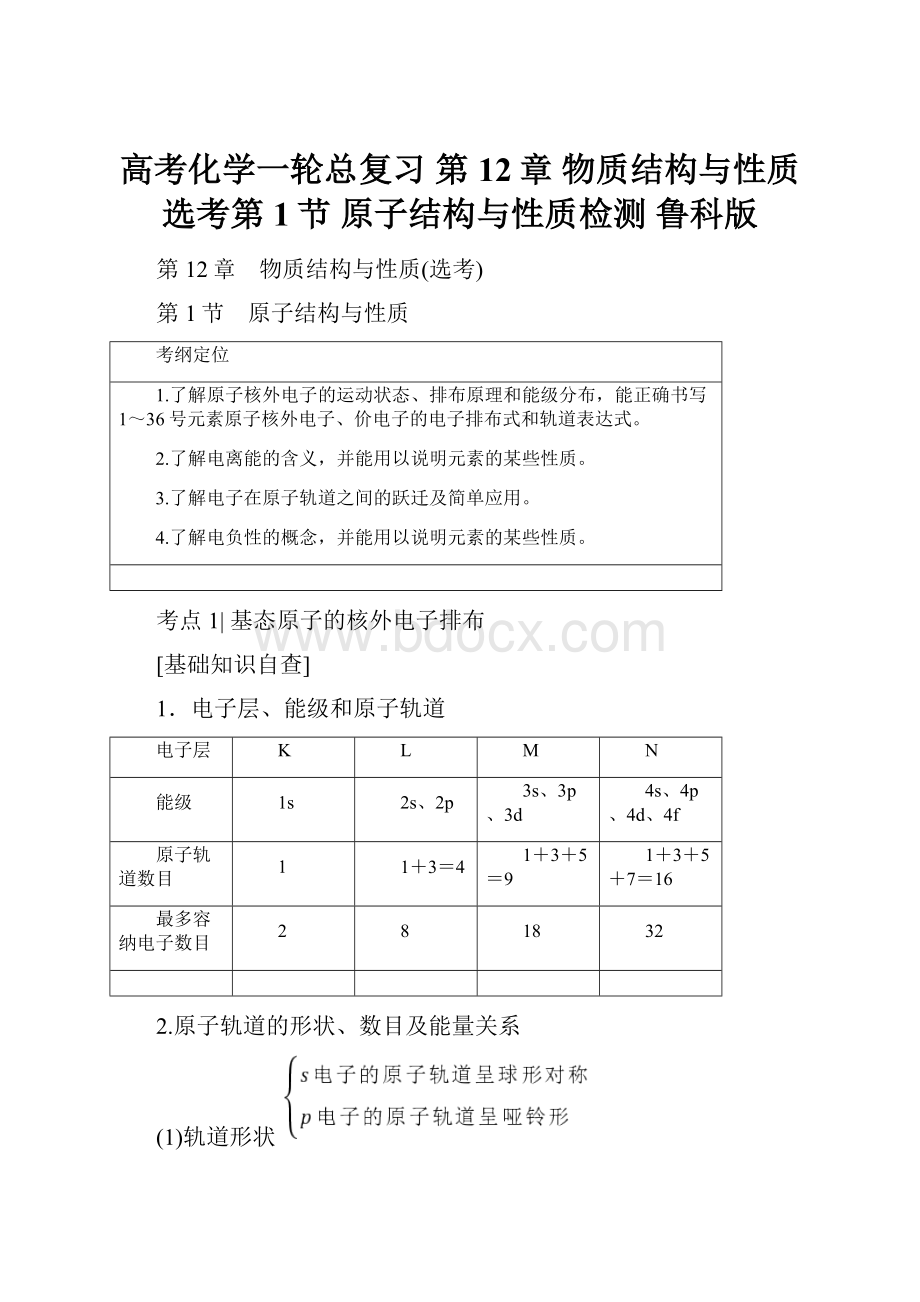 高考化学一轮总复习 第12章 物质结构与性质选考第1节 原子结构与性质检测 鲁科版.docx