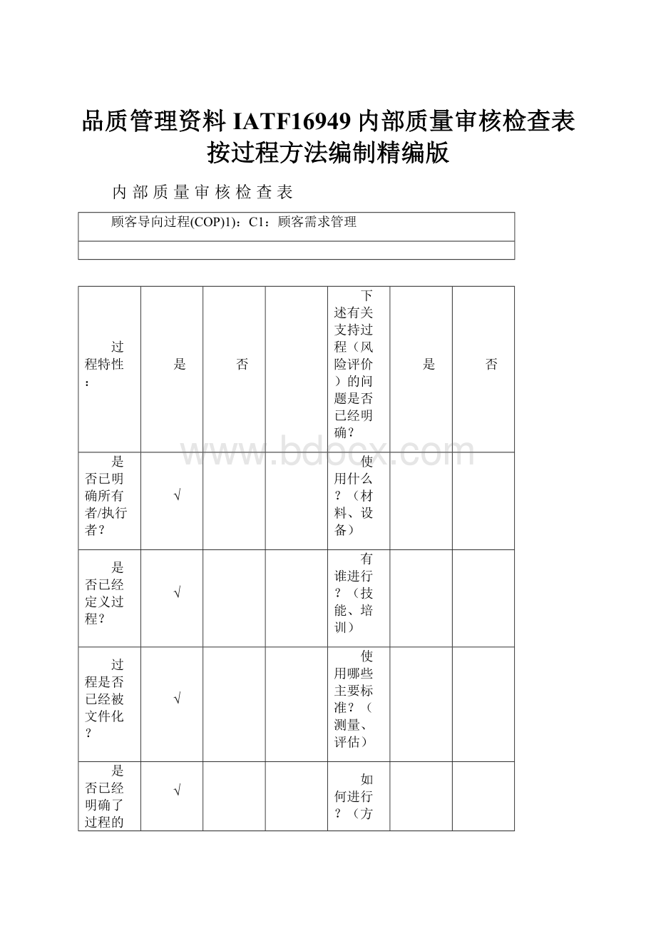 品质管理资料IATF16949内部质量审核检查表按过程方法编制精编版.docx_第1页