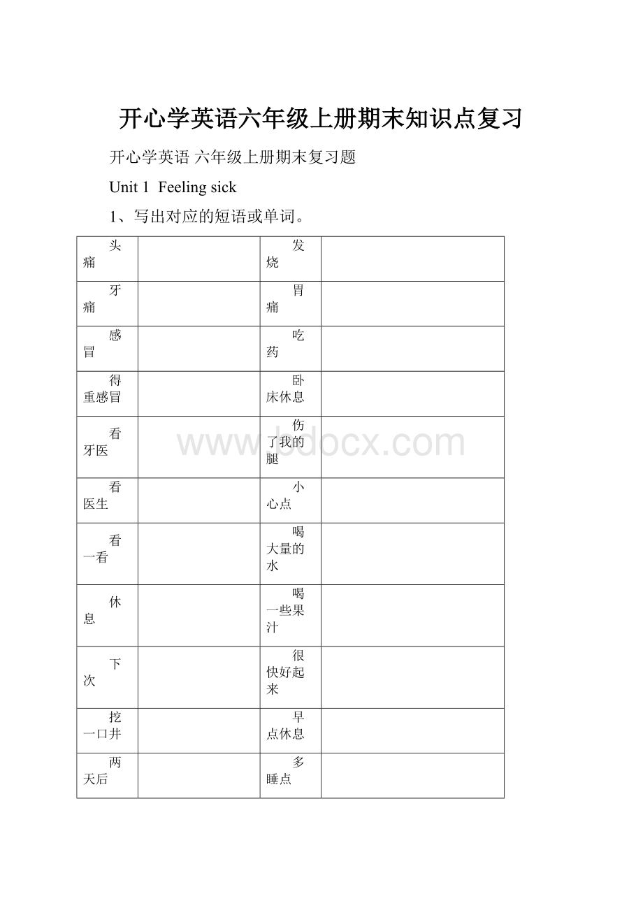 开心学英语六年级上册期末知识点复习.docx