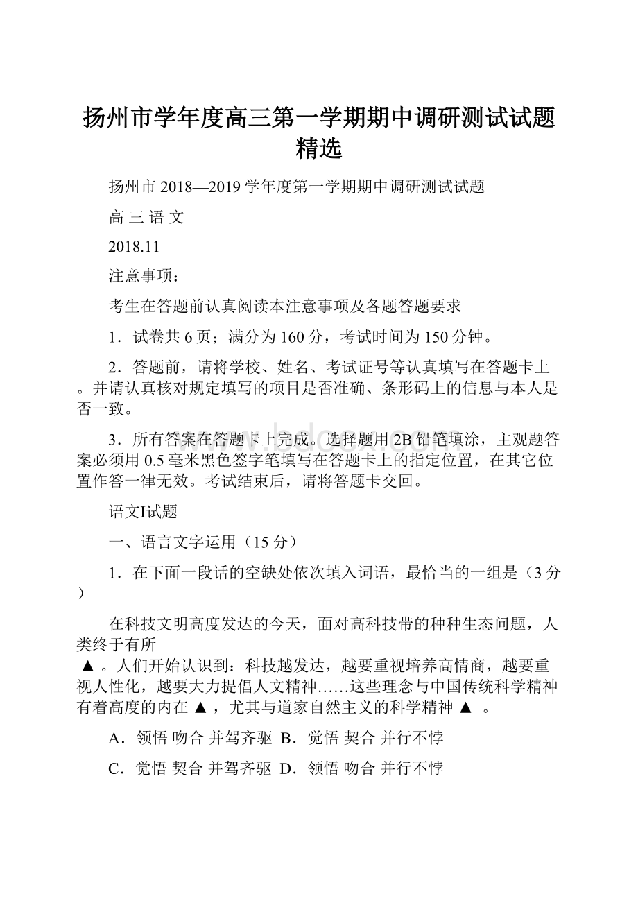 扬州市学年度高三第一学期期中调研测试试题精选.docx