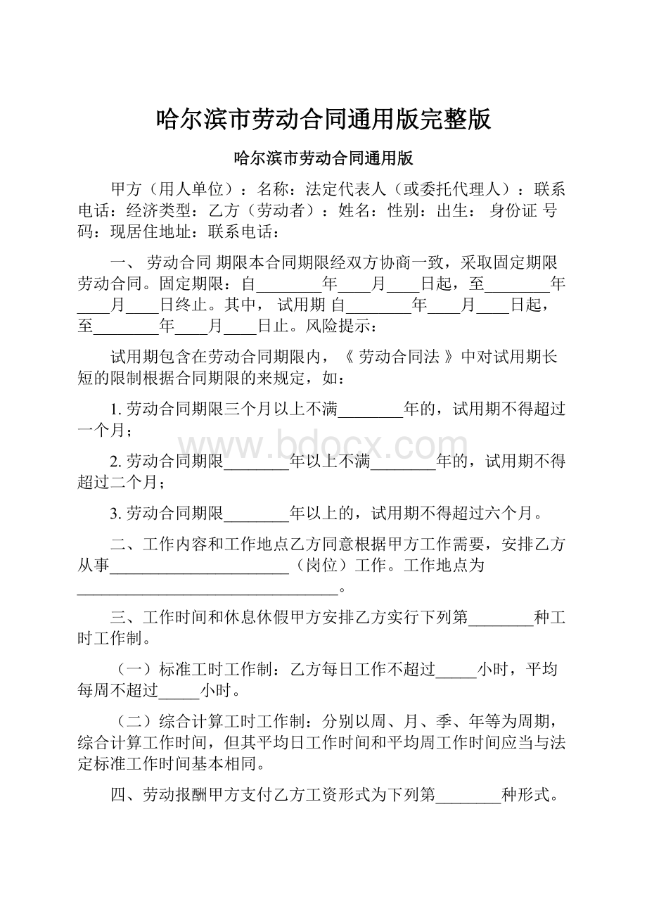 哈尔滨市劳动合同通用版完整版.docx