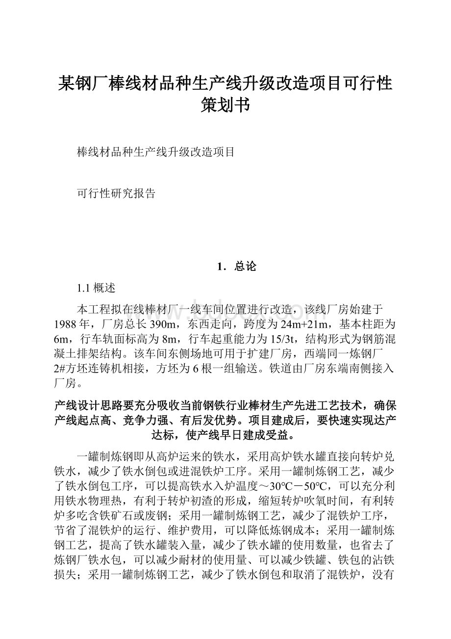 某钢厂棒线材品种生产线升级改造项目可行性策划书.docx_第1页