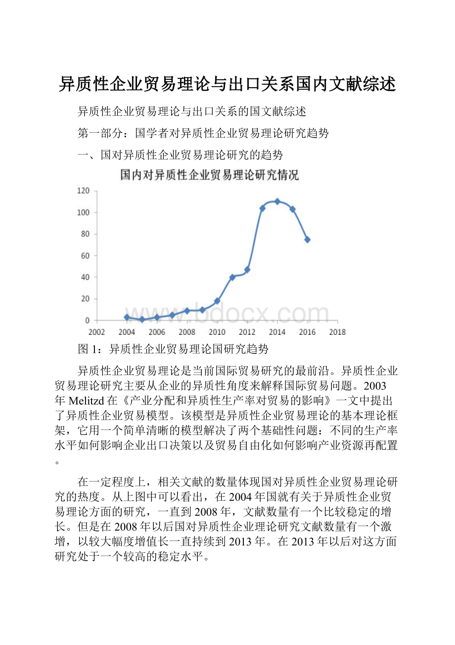 异质性企业贸易理论与出口关系国内文献综述.docx_第1页