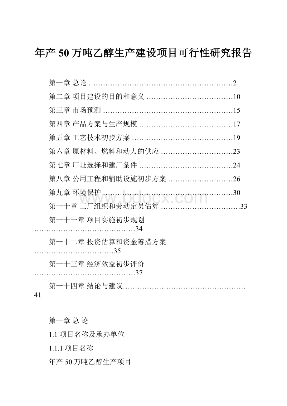 年产50万吨乙醇生产建设项目可行性研究报告.docx_第1页