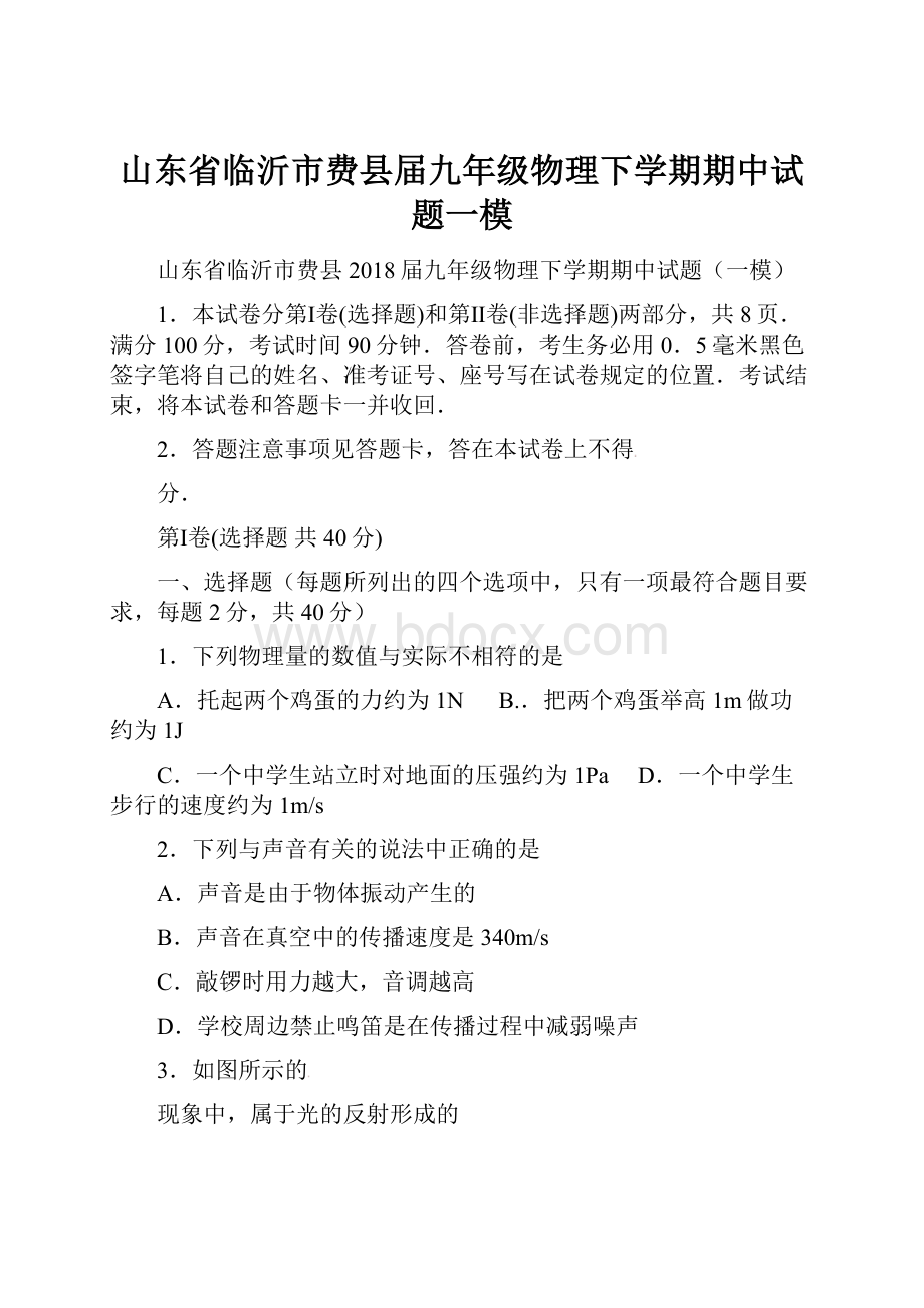 山东省临沂市费县届九年级物理下学期期中试题一模.docx_第1页