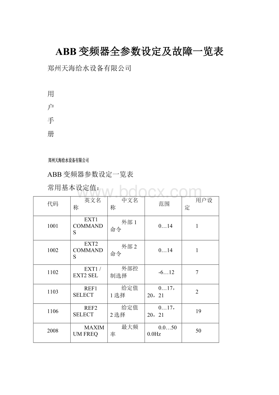 ABB变频器全参数设定及故障一览表.docx_第1页