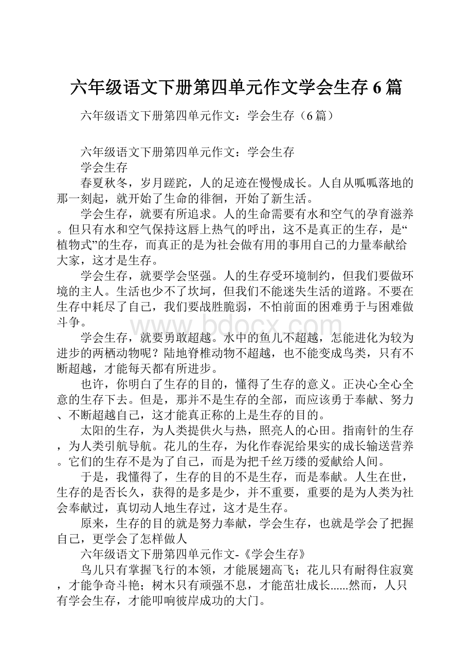 六年级语文下册第四单元作文学会生存6篇.docx