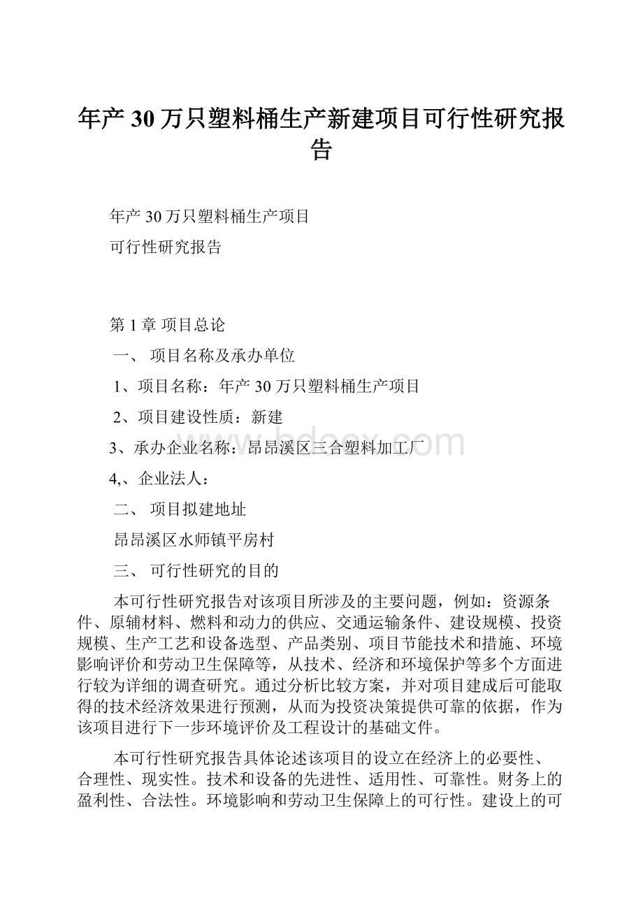 年产30万只塑料桶生产新建项目可行性研究报告.docx