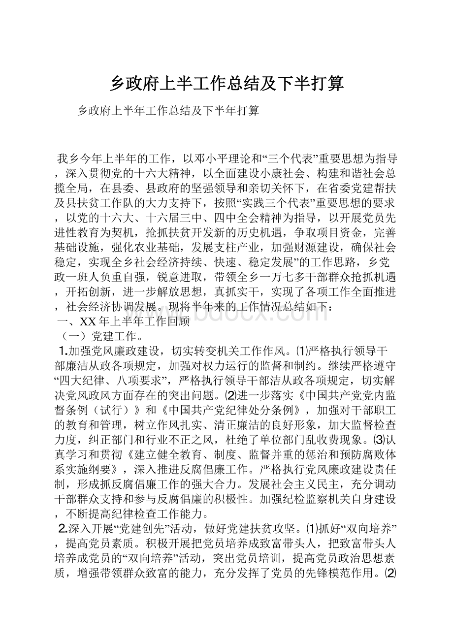 乡政府上半工作总结及下半打算.docx