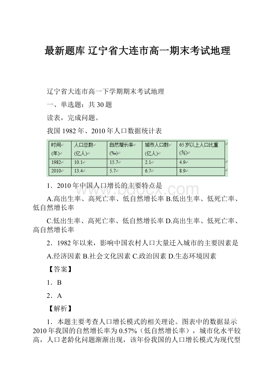 最新题库 辽宁省大连市高一期末考试地理.docx