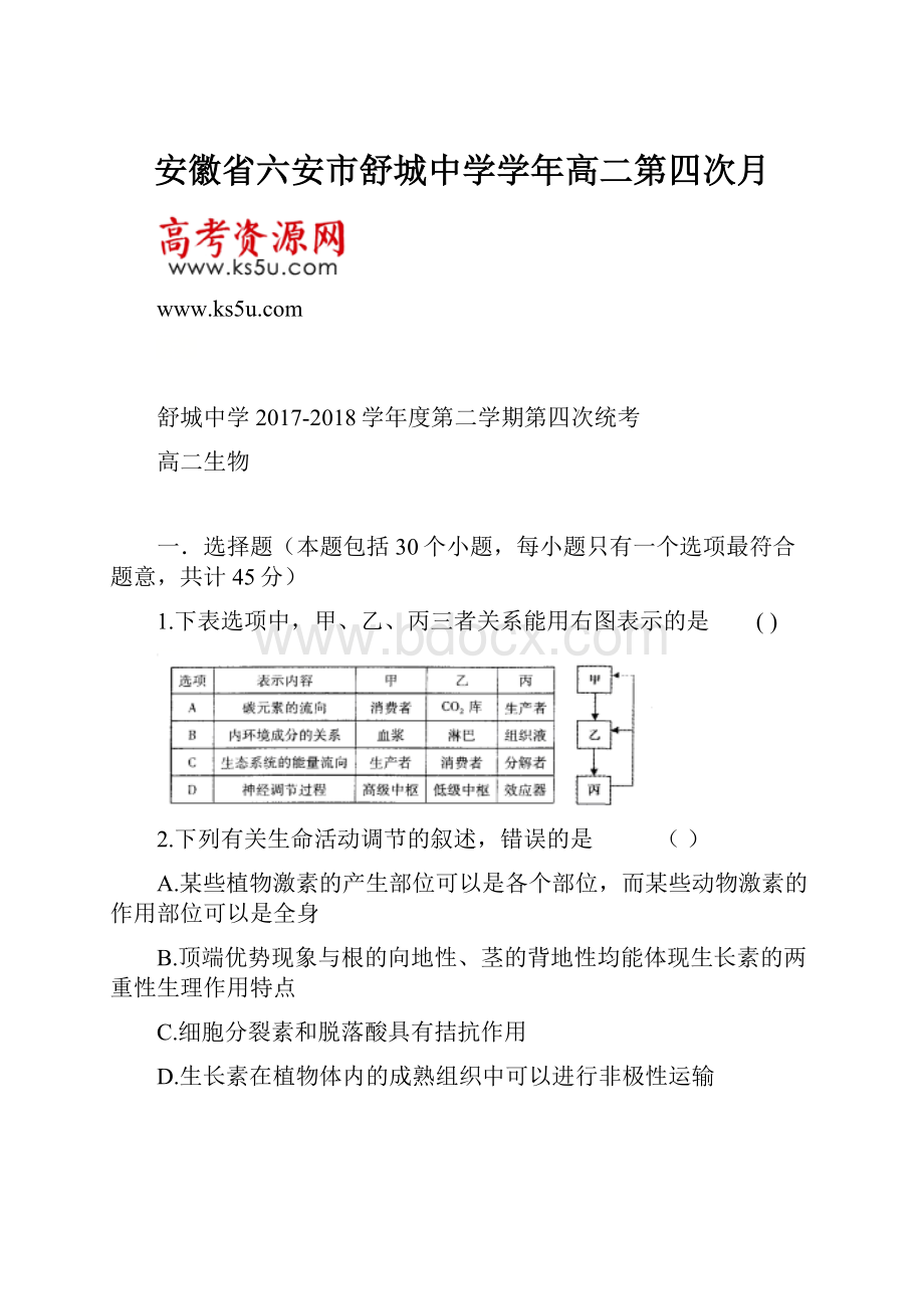 安徽省六安市舒城中学学年高二第四次月.docx