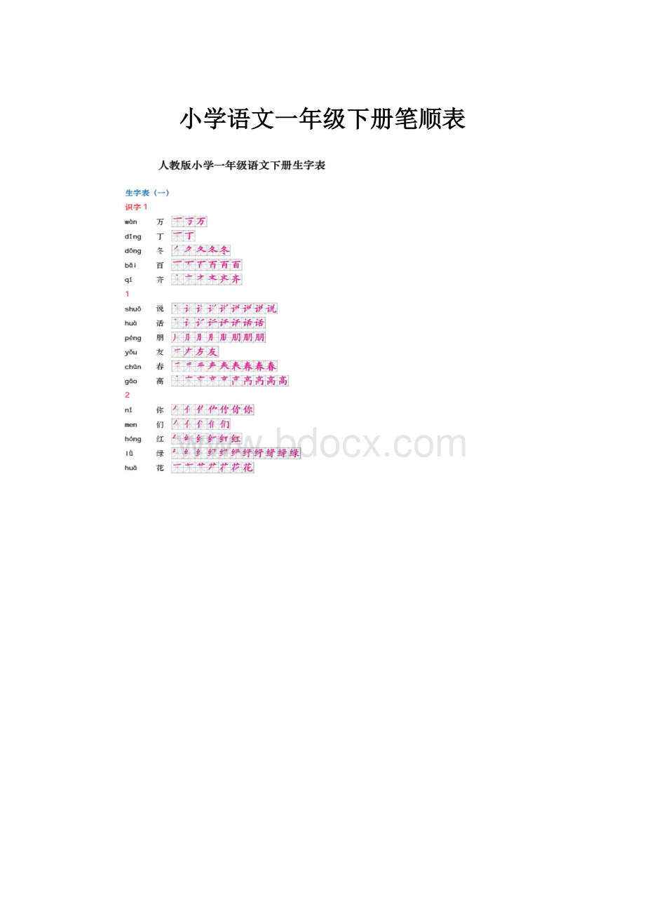 小学语文一年级下册笔顺表.docx