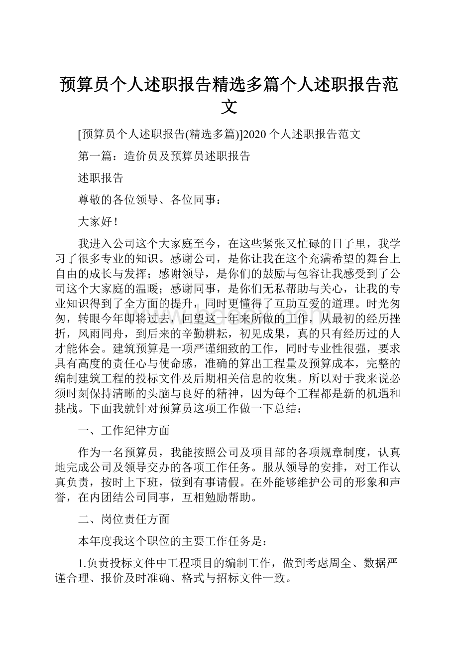 预算员个人述职报告精选多篇个人述职报告范文.docx