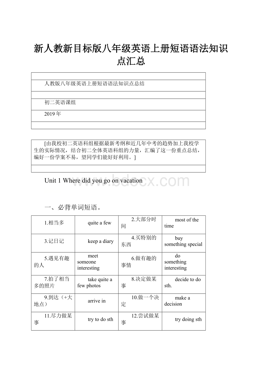 新人教新目标版八年级英语上册短语语法知识点汇总.docx_第1页