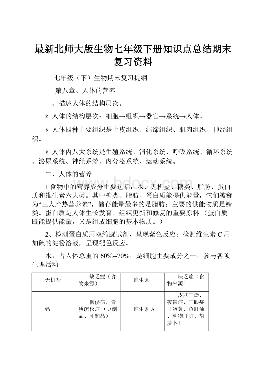 最新北师大版生物七年级下册知识点总结期末复习资料.docx_第1页