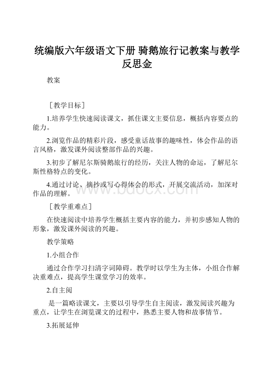 统编版六年级语文下册 骑鹅旅行记教案与教学反思金.docx