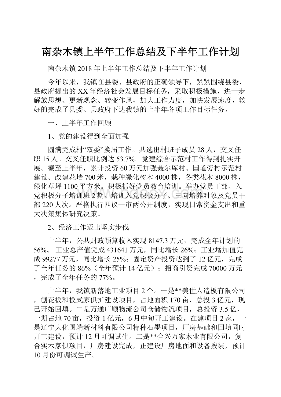 南杂木镇上半年工作总结及下半年工作计划.docx