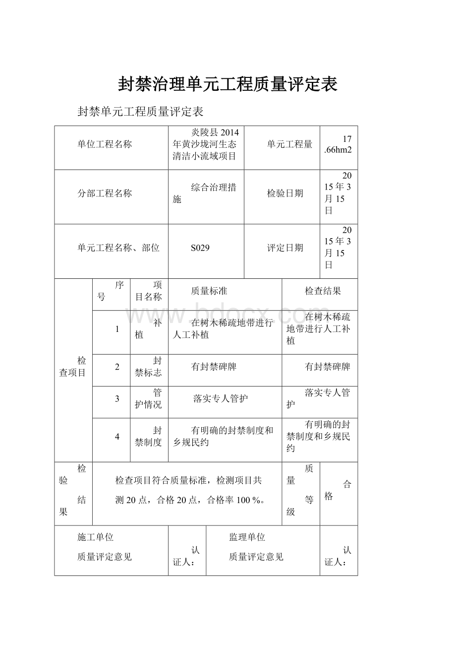 封禁治理单元工程质量评定表.docx