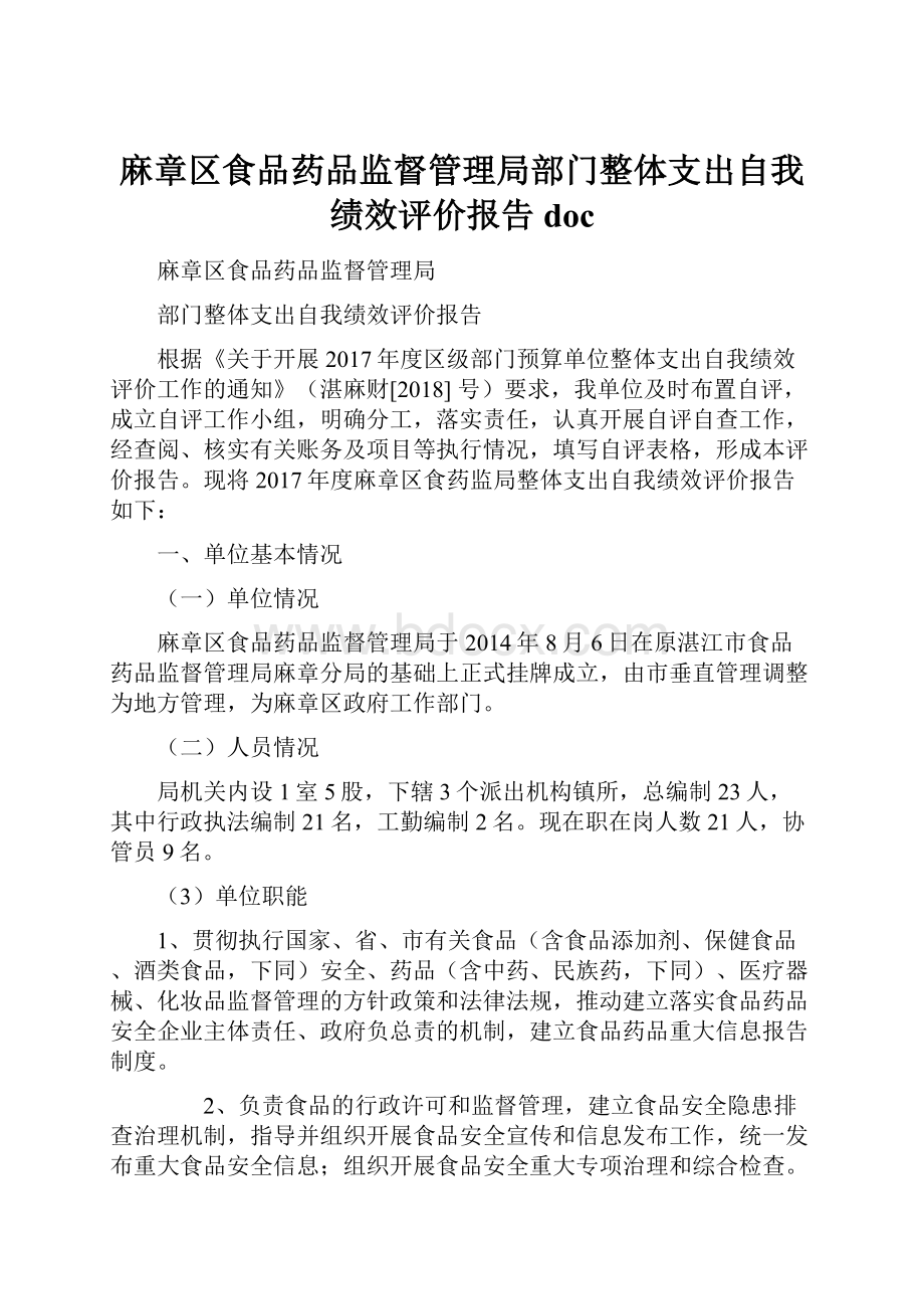 麻章区食品药品监督管理局部门整体支出自我绩效评价报告doc.docx_第1页