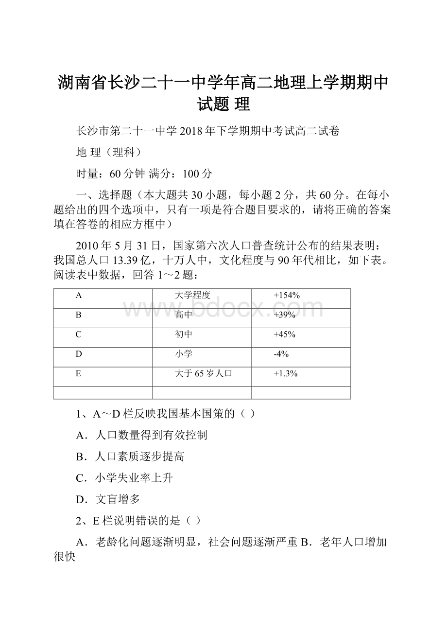 湖南省长沙二十一中学年高二地理上学期期中试题 理.docx