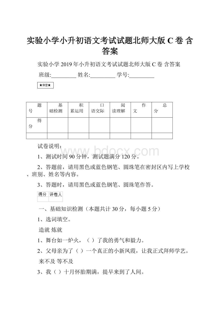 实验小学小升初语文考试试题北师大版C卷 含答案.docx