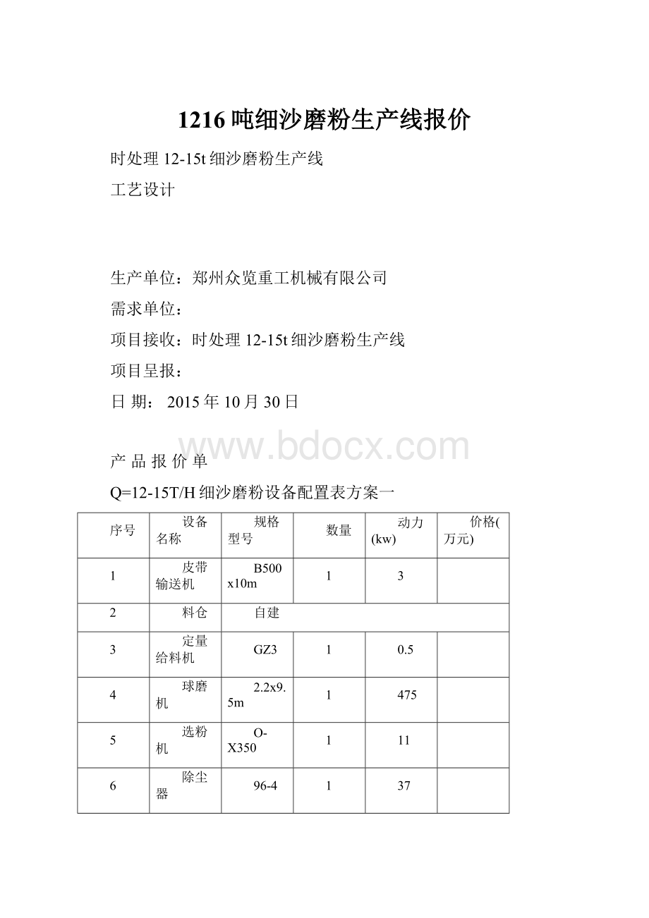 1216吨细沙磨粉生产线报价.docx