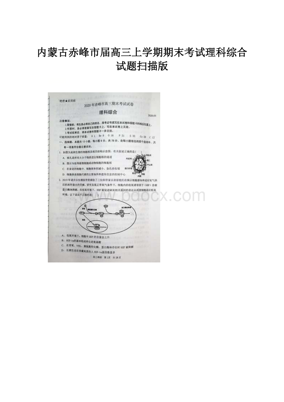 内蒙古赤峰市届高三上学期期末考试理科综合试题扫描版.docx_第1页