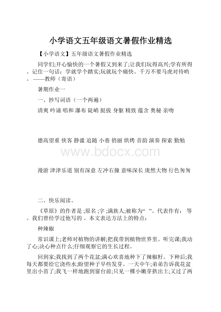 小学语文五年级语文暑假作业精选.docx