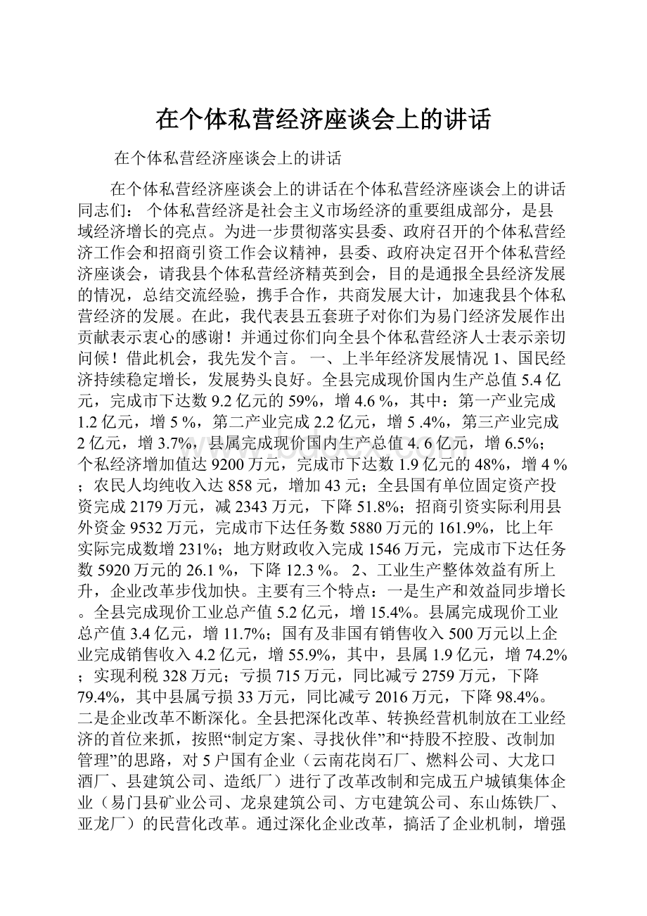 在个体私营经济座谈会上的讲话.docx