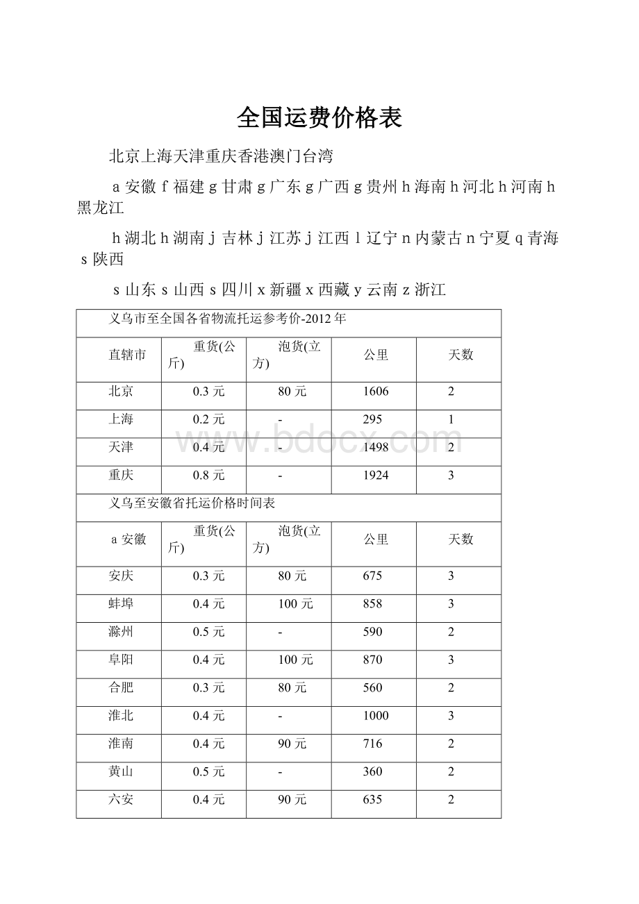 全国运费价格表.docx