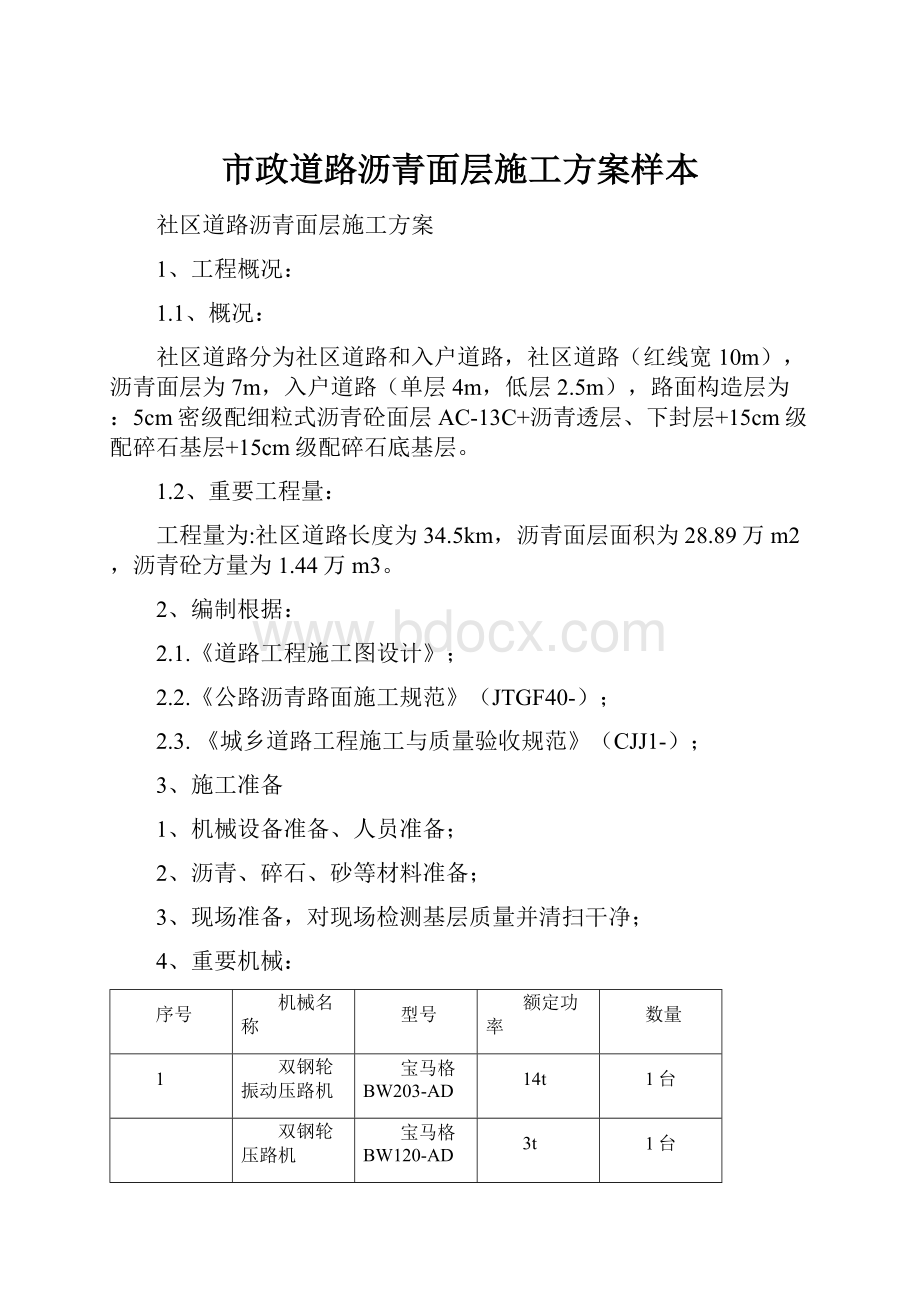 市政道路沥青面层施工方案样本.docx