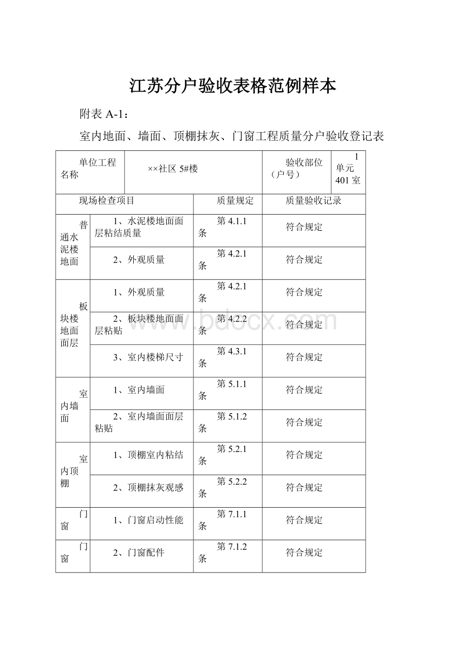 江苏分户验收表格范例样本.docx