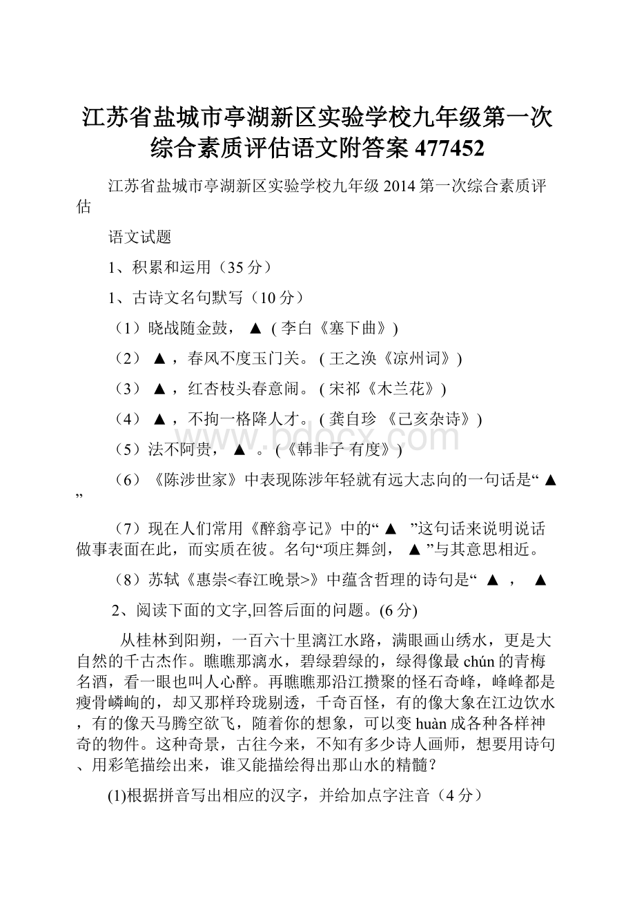 江苏省盐城市亭湖新区实验学校九年级第一次综合素质评估语文附答案477452.docx_第1页