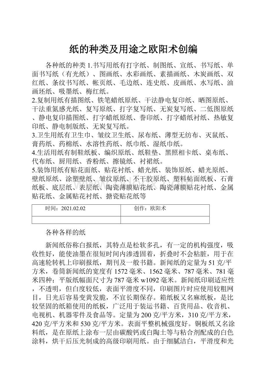 纸的种类及用途之欧阳术创编.docx