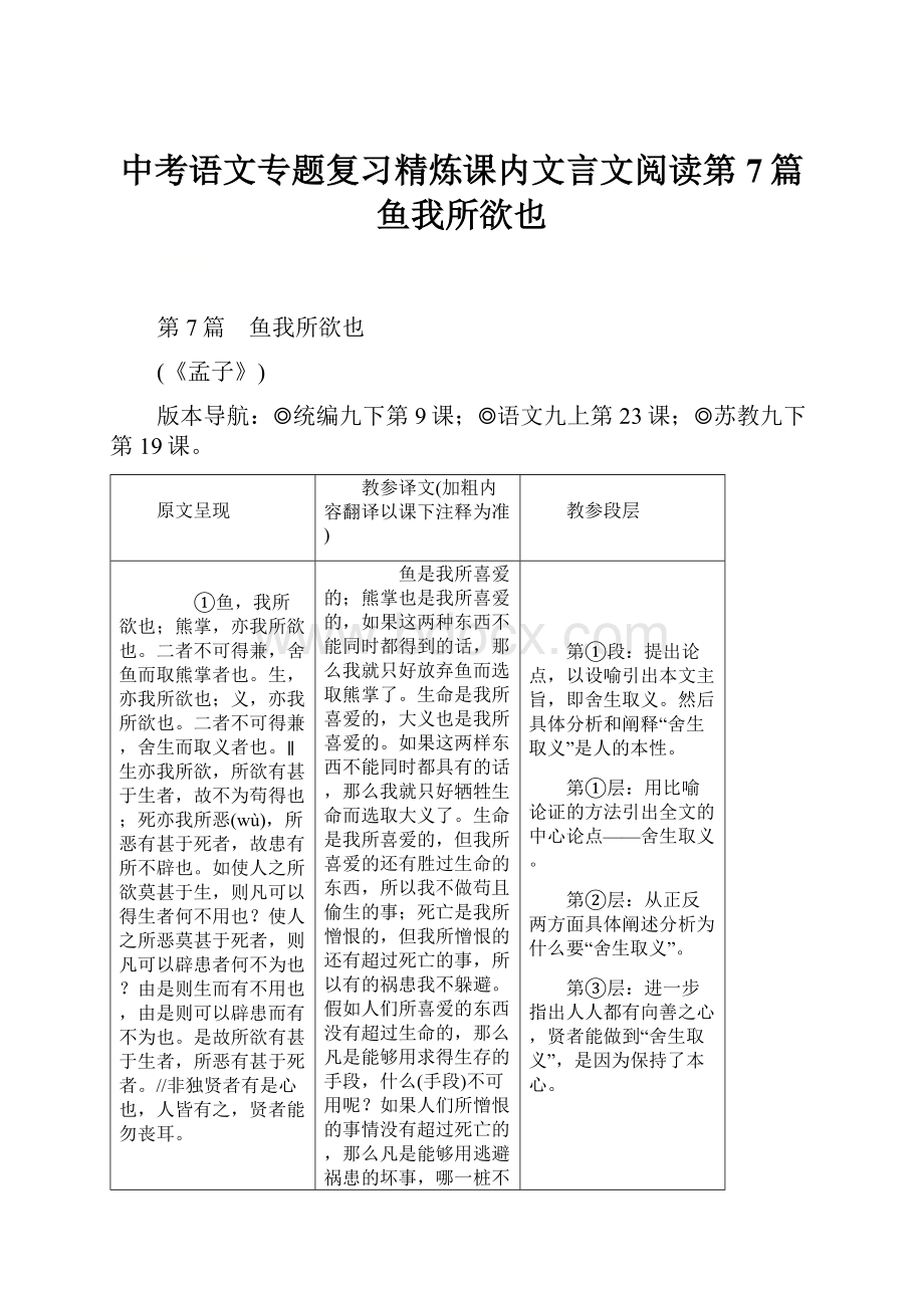 中考语文专题复习精炼课内文言文阅读第7篇鱼我所欲也.docx_第1页