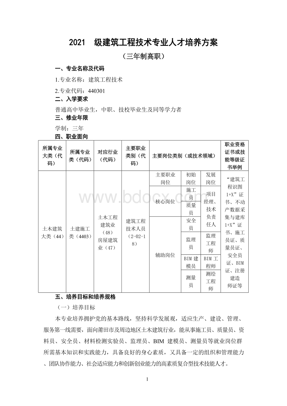 建筑工程技术专业人才培养方案 (三年制高职).docx