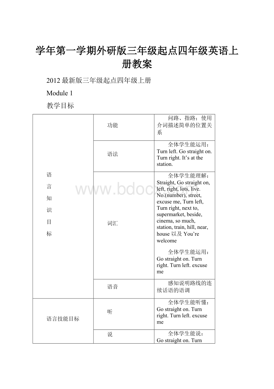 学年第一学期外研版三年级起点四年级英语上册教案.docx_第1页