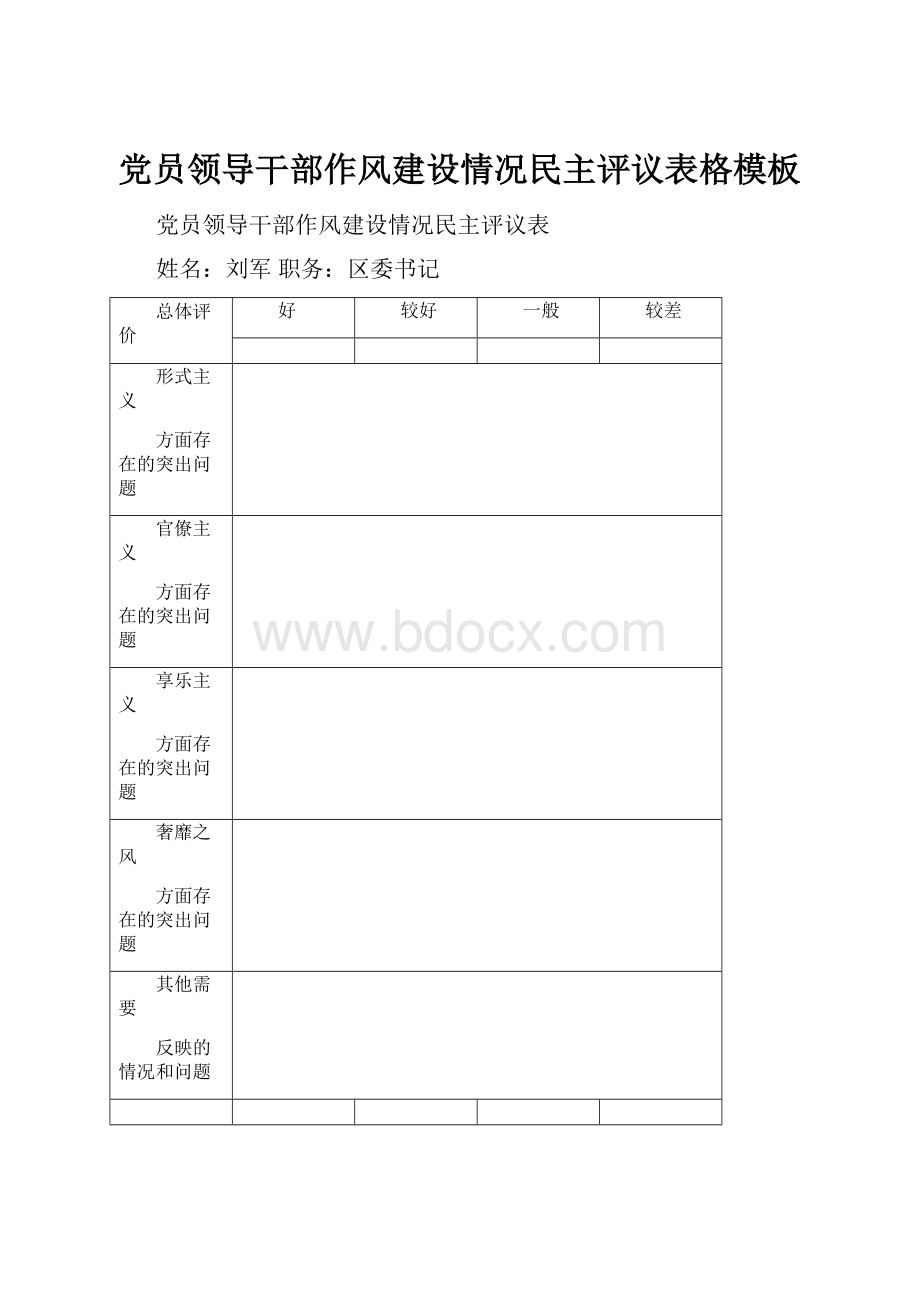 党员领导干部作风建设情况民主评议表格模板.docx