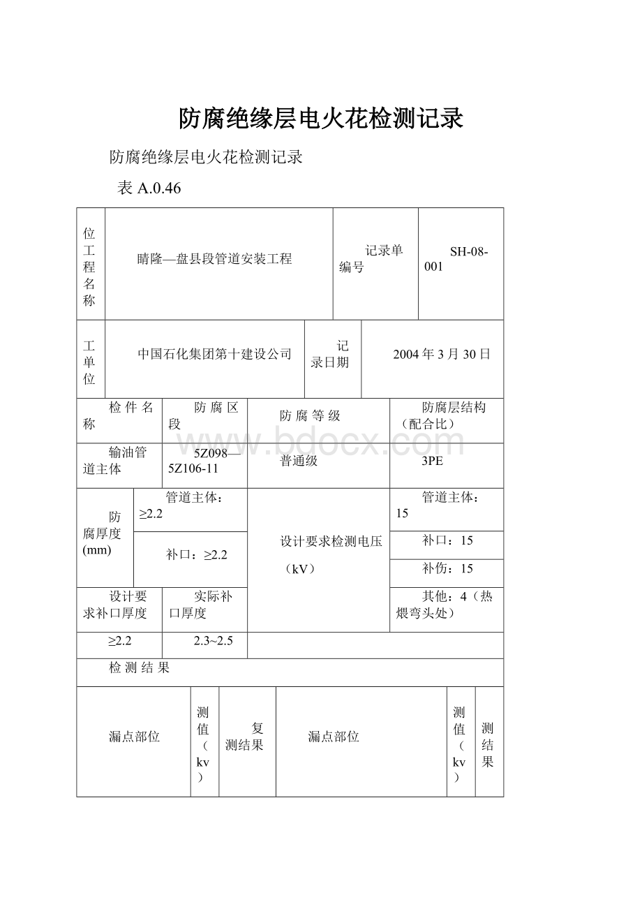 防腐绝缘层电火花检测记录.docx